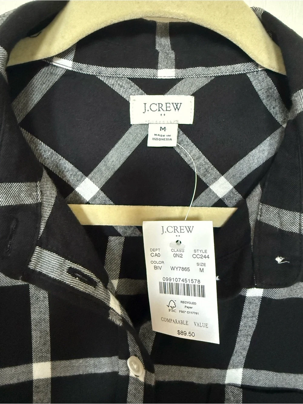 J Crew Factory Flannel Shirt M Black White Windowpane Plaid NWT